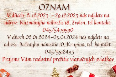 OZNAM: CPP Zvolen cez vianočné prázdniny