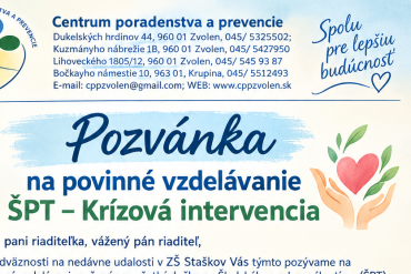 POZVÁNKA: Povinné vzdelávanie ŠPT - Krízová intervencia (Krupina)